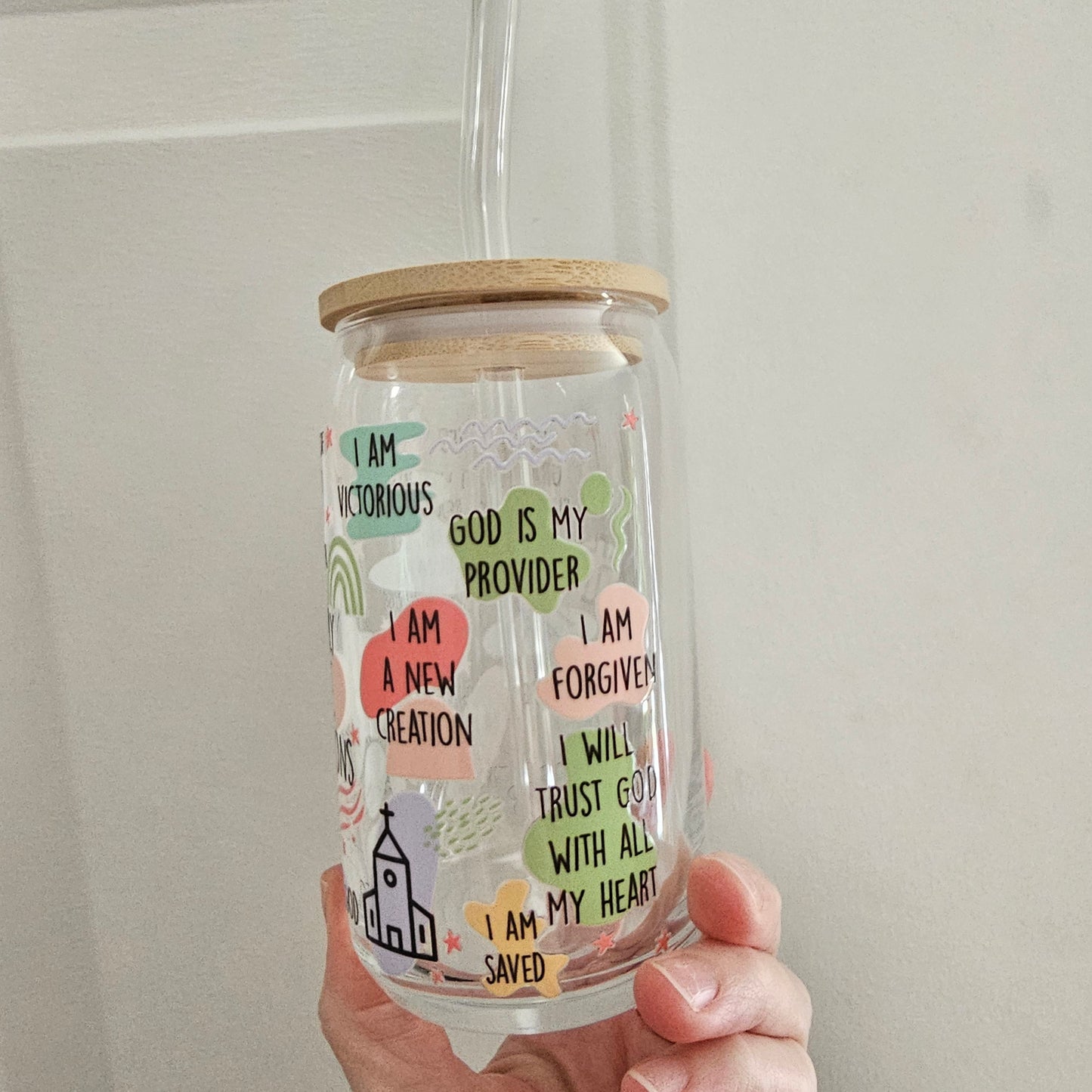Bible Affirmations 16oz Glass with Bamboo lid & Straw