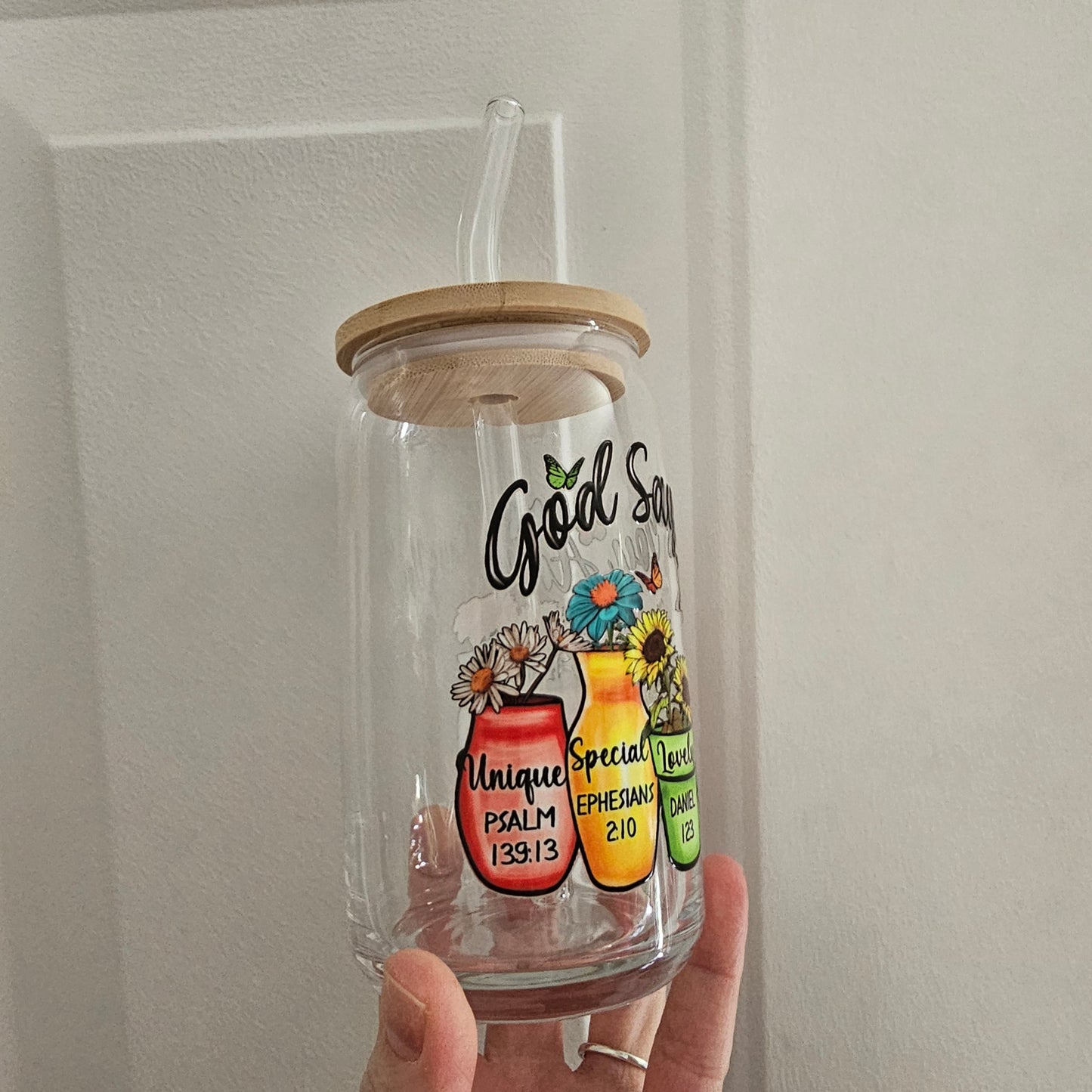 God Says 16oz Glass with Bamboo lid & Straw