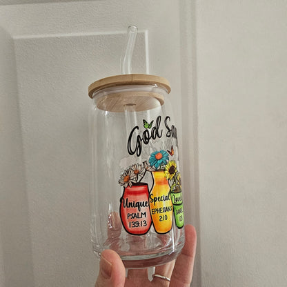 God Says 16oz Glass with Bamboo lid & Straw