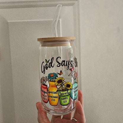 God Says 16oz Glass with Bamboo lid & Straw