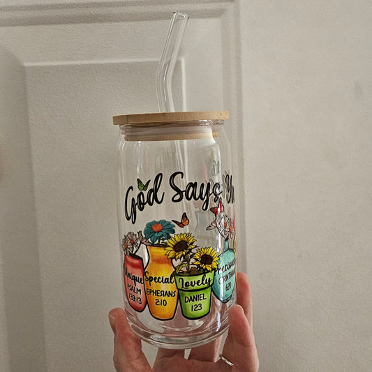 God Says 16oz Glass with Bamboo lid & Straw