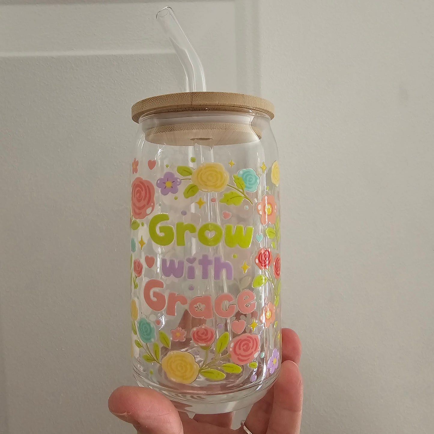 Grow with Grace 16oz Glass with Bamboo lid & Straw