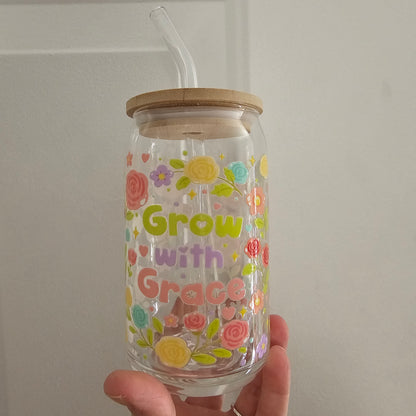 Grow with Grace 16oz Glass with Bamboo lid & Straw