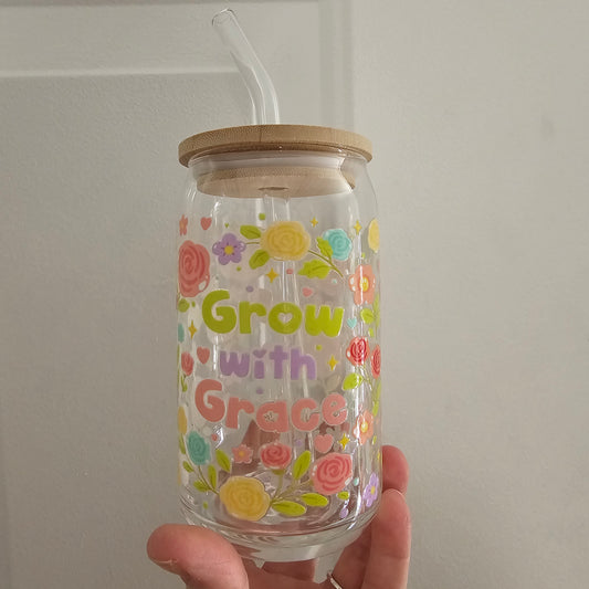 Grow with Grace 16oz Glass with Bamboo lid & Straw