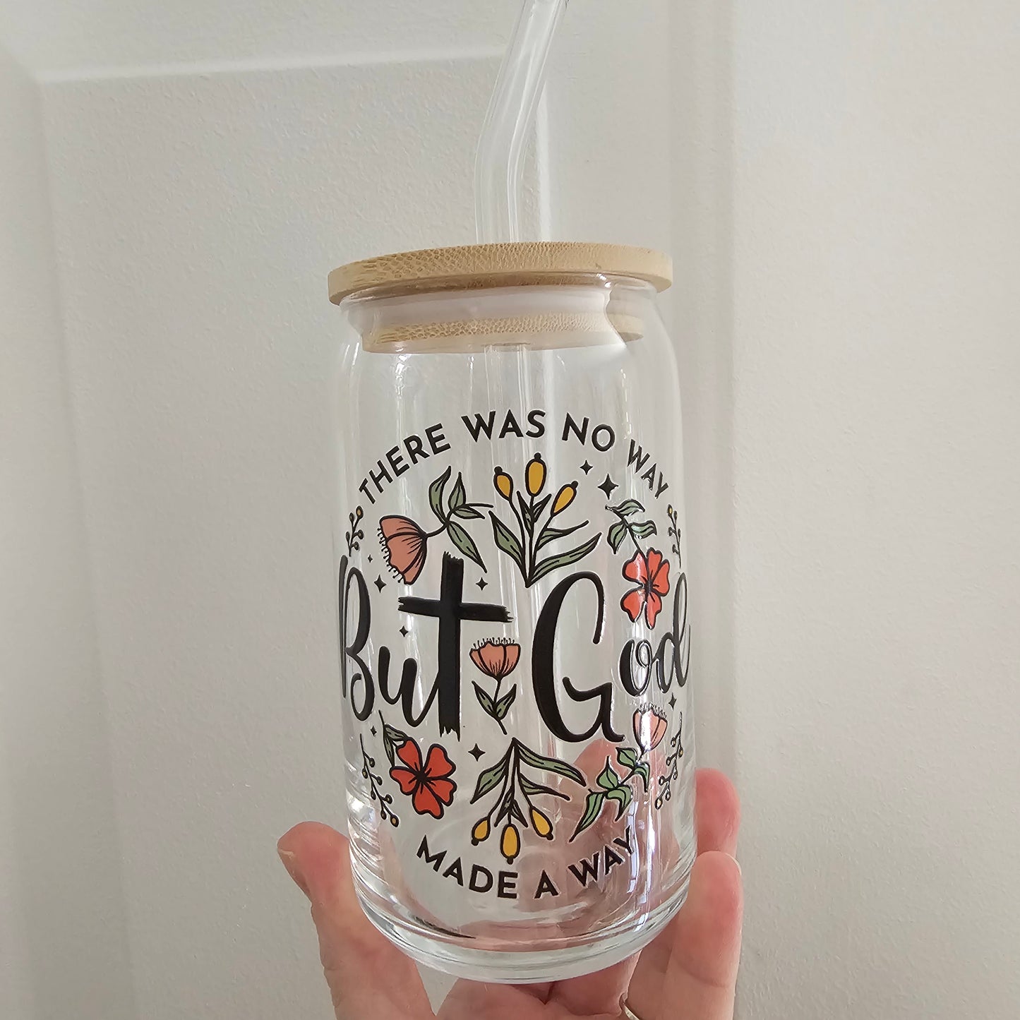 God made a Way 16oz Glass with Bamboo lid & Straw