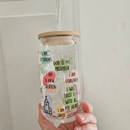 Bible Affirmations 16oz Glass with Bamboo lid & Straw