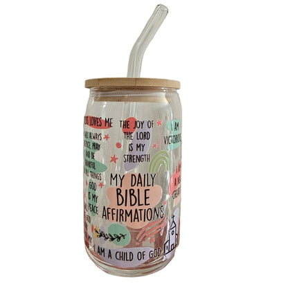 Bible Affirmations 16oz Glass with Bamboo lid & Straw