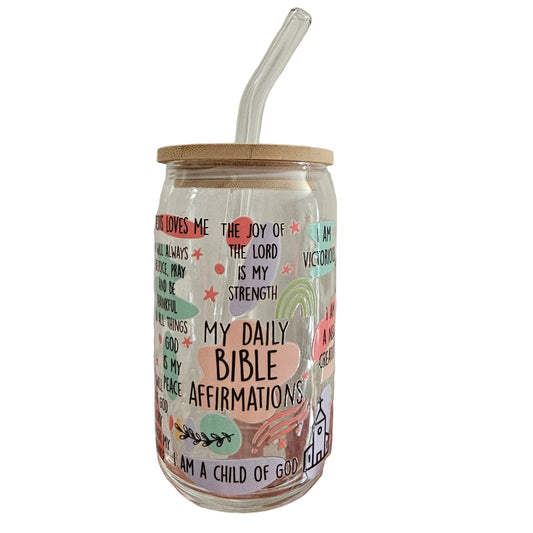 Bible Affirmations 16oz Glass with Bamboo lid & Straw